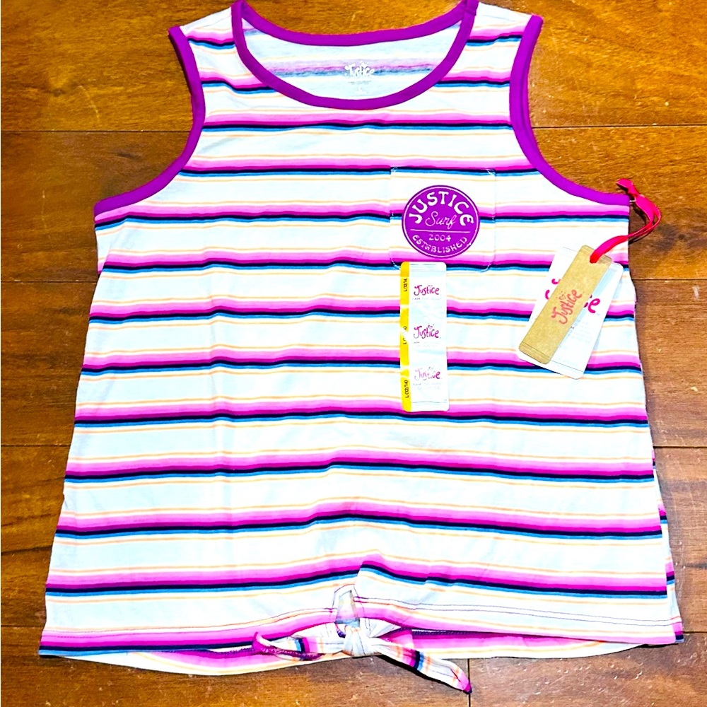 Justice girl’s tie knot tank top, new with tags, glittery, size Large (12/14).